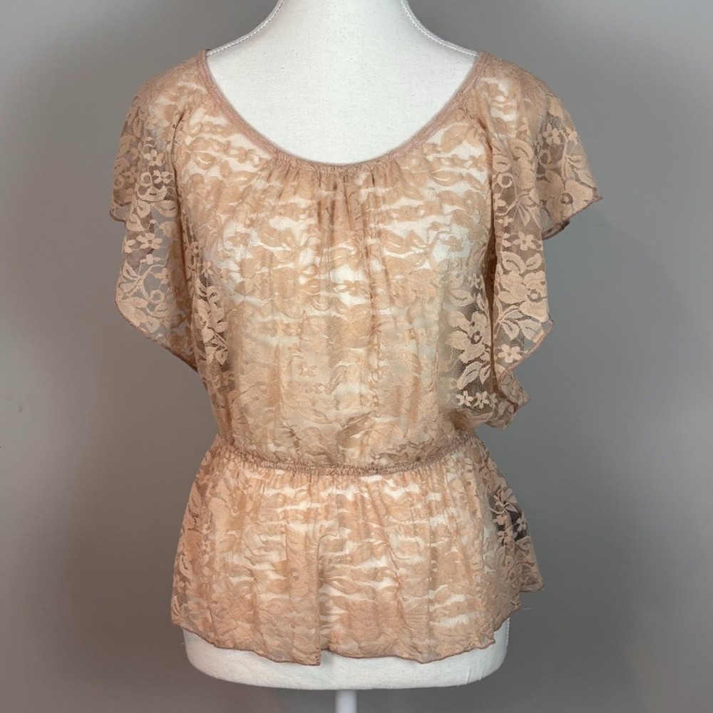 Forever 21 Womens Lace Sheer‎ Campagne Color Peplum Flutter Sleeve Top MED Fairy